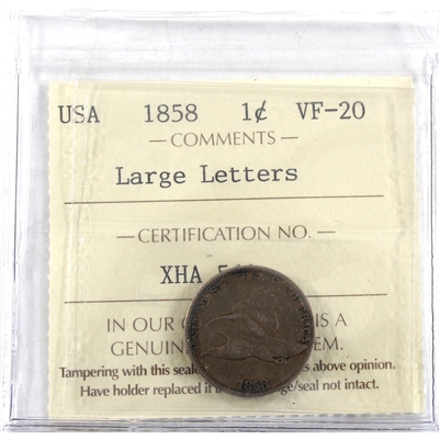 1858 Large Letter USA Cent ICCS Certified VF-20