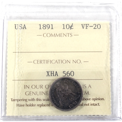 1891 USA Dime ICCS Certified VF-20