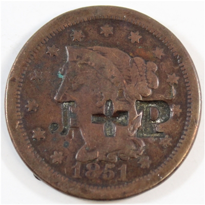 1851 USA Cent Very Good (G-8) J + P Counterstamped