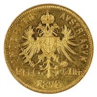 Austria 1878 Gold 20 Francs Almost Uncirculated (AU-50)