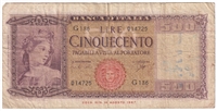 Italy 1961 500 Lire Note, Pick #80b, F (writing)