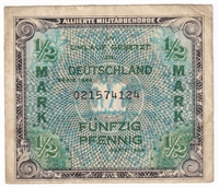Germany 1944 1/2 Mark Note, Pick #191a, 9 Digit, VF