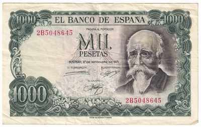 Spain 1971 1,000 Pesetas Note, Pick #154, VF-EF (L) 