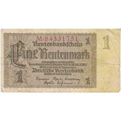 Germany 1937 1 Rentenmark Note, 8 Digit, F 