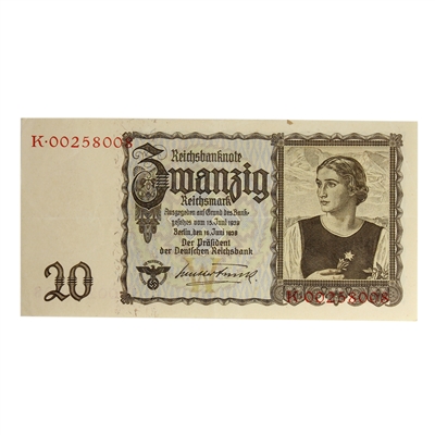 Germany 1939 20 Reichsmark Note, Pick #185, EF