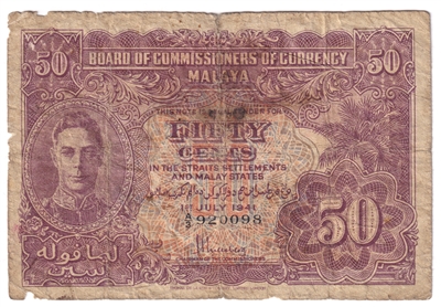 Malaya 1941 50 Cents Note, Pick #10, Circ 
