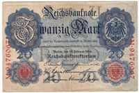 Germany 1914 20 Mark Note, Pick #46b 7 Digit, F (L)