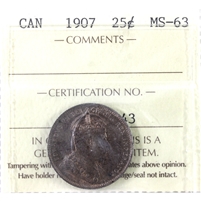 1907 Canada 25-cents ICCS Certified MS-63. Deep, Even Mauve Tones Throughout!