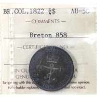 NC-1B1 1822 British Colonies 1/4 Dollar Silver Anchor Money, ICCS Certified AU-50