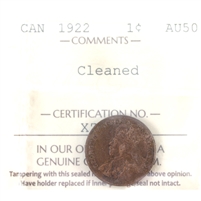 1922 Canada 1-cent ICCS Certified AU-50 (Cleaned)