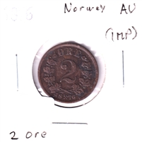 Norway 1876 2 Ore Almost Uncirculated (AU-50) Impaired