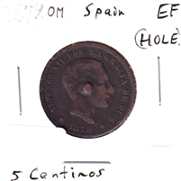 Spain 1879 OM 5 Centimos Extra Fine (EF-40) Hole