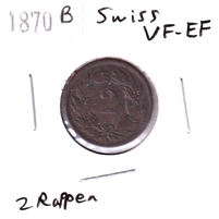 Switzerland 1870B 2 Rappen VF-EF (VF-30)
