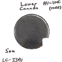 LC-33A1 No Date Lower Canada Un Sou, Agriculture, Bank Token, AU-UNC (AU-55) Corrosion