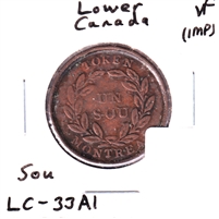 LC-33A1 No Date Lower Canada Un Sou Agriculture Bank Token, Very Fine (VF-20) Impaired