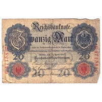 Germany Note 1910 Pick #40b 20 Mark Note, 7 Digit, VG (hole)