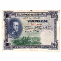Spain 1925 Pick #69c 100 Pesetas Note, EF (damaged)