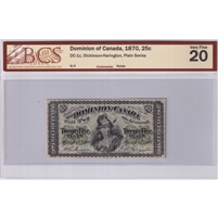 DC-1c 1870 Dominion 25-cent Shinplaster, D-H Plain Series, BCS Certified VF-20 (Holes)