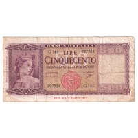 Italy Note, 1961 500 Lire, Pick #80b, F