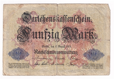 Germany Note 1914 50 Mark, 6 Digit Serial Number, VG (Damaged)