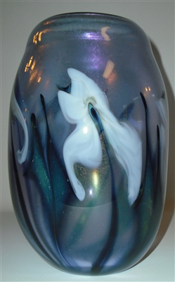 Charles Lotton Neodymium Vase
Beautiful White Iris Flowers
Iridescent inside.  Green Leaf and Vine
Museum Quality. One of a Kind.
Signed Charles Lotton Dated 2016