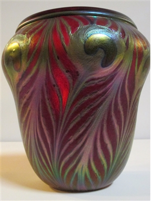 Charles Lotton Iridized   Red Peacock Vase
With Silver Eye
Beautiful Rolled over lip
Iridescent inside and out
Museum Quality. One of a Kind.
Signed Charles Lotton   Dated 2016
Size 7" by 6"