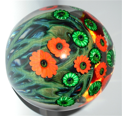 Daniel Lotton Paperweight
Orange and Green  Asters
Green Vine Interior
Sixe 6 by 6
Signed Daniel Lotton Dated 2016