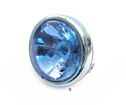 chrome head light with halogen bulb for many mopeds - blue lens