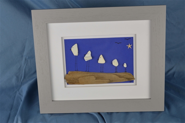 Sea pottery bird scene, 5 birds framed 10in x 12in