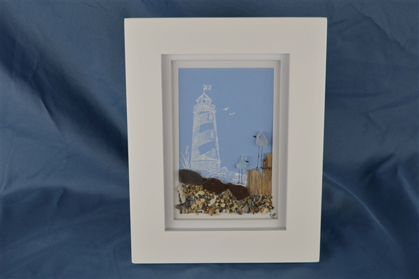 Light house 2 bird seaglass scene framed 7in x 9in