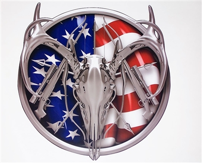 Simulated Chrome American Flag Deer Head Hunting Full color Graphic Window Decal Sticker