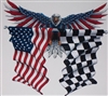 Front facing Wings out American Flag Eagle Holding American / Checkered  Flags Full color Graphic Window Decal Sticker