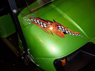 Green EZGO w/ Golf Cart Draft Checkered Flag Tribal HOOD & Side Graphics