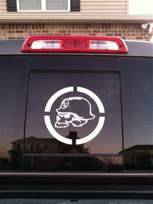 Truck window w/ Metal Militia Skull Circle Window 9X9 Decal