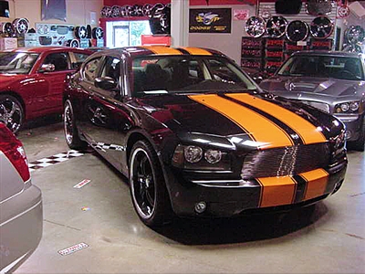 Black Dodge Charger w/ Orange 10" Rally Stripes