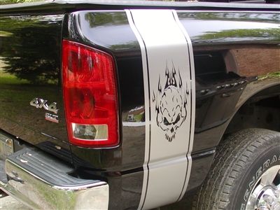 Black Dodge w/ Tribal Skull Flame bed side stripes