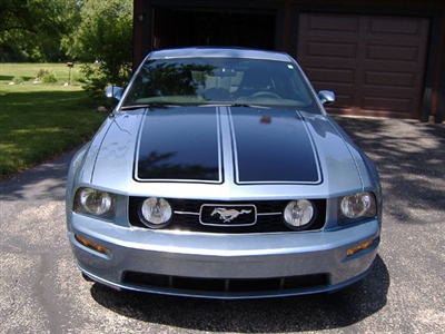Blue Mustang w/ Black 16" Twin Rally Stripes