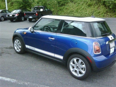 Blue Mini Cooper w/ White Mini "Cooper" Side Stripes