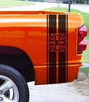 Orange Truck Bed w/ Black 5.7L V8 Iron Cross Decal