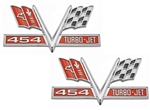 454 V-Flag Chevelle and Nova Fender Emblem, Vee Cross Flags with 454 TURBO-JET, PAIR