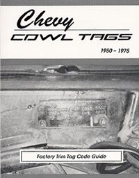 1950 - 1975 Chevelle Cowl Tags, Trim Tag Codes, Over 25 years of trim tags, covers each car model, gives the build date, model, year, plant, colors in and out and options, Also VIN tags and protect O plates. 222 Pages