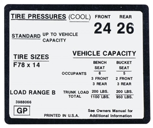 1971 Chevelle Tire Pressure Decal, 3988066 With GP Code