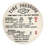 1968 Chevelle Glove Box Tire Pressure Decal, 3934038 AA