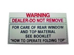 Convertible Top Warning Decal Sticker Tag