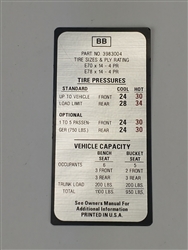 1970 Nova Tire Pressure Decal, 3983004 with BB Code