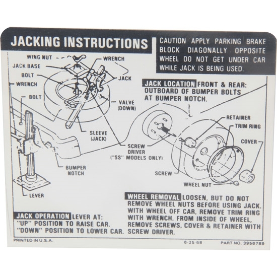 1969 - 1971 Nova Trunk Deck Lid Jacking Instructions Decal for SS Wheels, 3956789