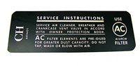 1968 Chevelle or Nova Air Cleaner Service Instructions Decal, 307 CH Code 6424425