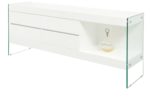 Ultra-modern buffet finished in white lacquer with tempered glass legs