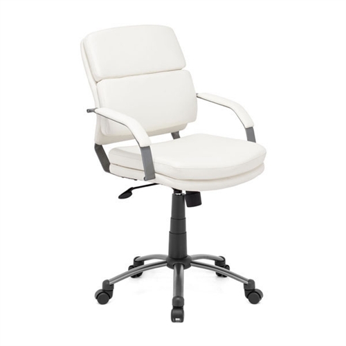 This chair has a leatherette wrapped seat and back cushions with an epoxy coated solid steel arms with leatherette pads. There is a height and tilt adjustment with a an epoxy coated steel rolling base.