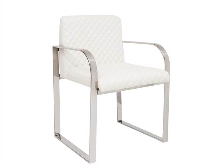 Modern White Leatherette quilted Dining Chair with Stainless Steel arms.